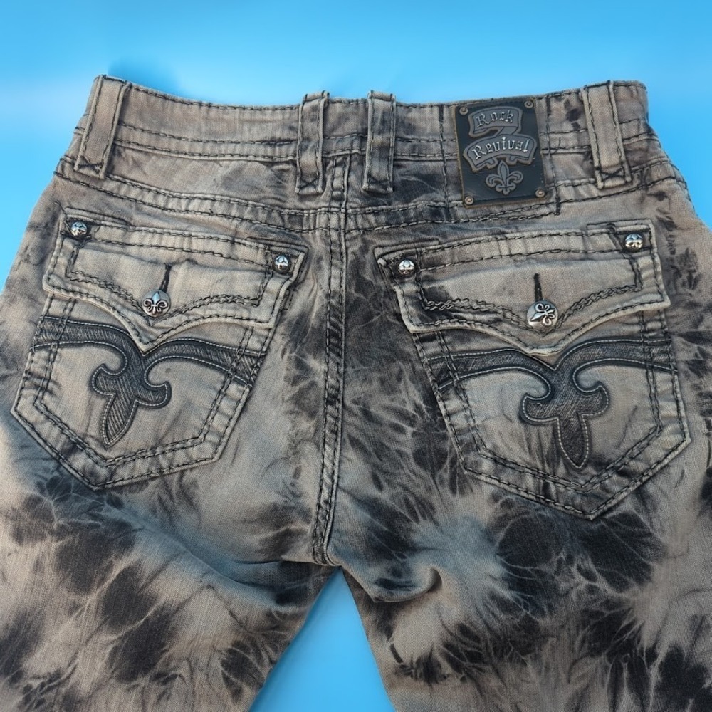 Rock Revival Steven Straight Jeans Mens 36x34 Gray Black Tie Dye Y2K Biker Thick - Picture 7 of 16